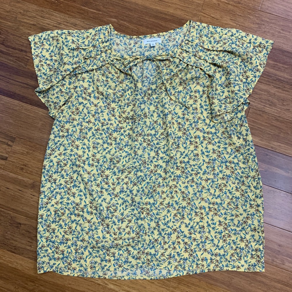 MAX STUDIO Womens Yellow Floral Print Short Sleeve Tie Neck Top Medium Ruffle